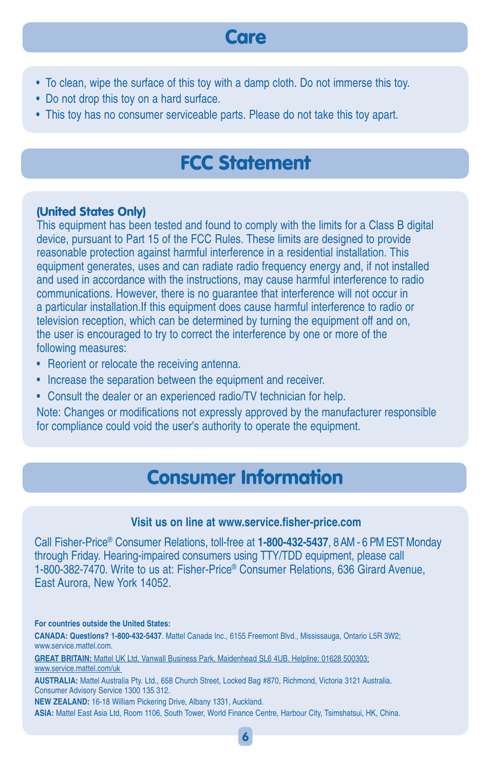 Fcc statement, Consumer information, Care | Fisher-Price H8872 User Manual | Page 6 / 6