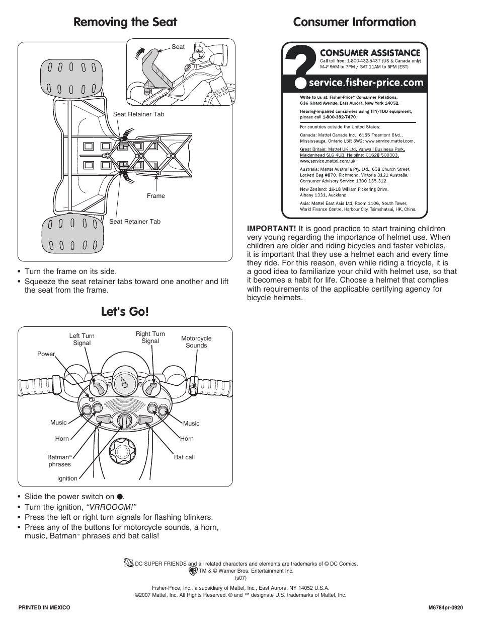 Removing the seat let's go! consumer information | Fisher-Price DC*SUPER FRIENDS M6784 User Manual | Page 8 / 8