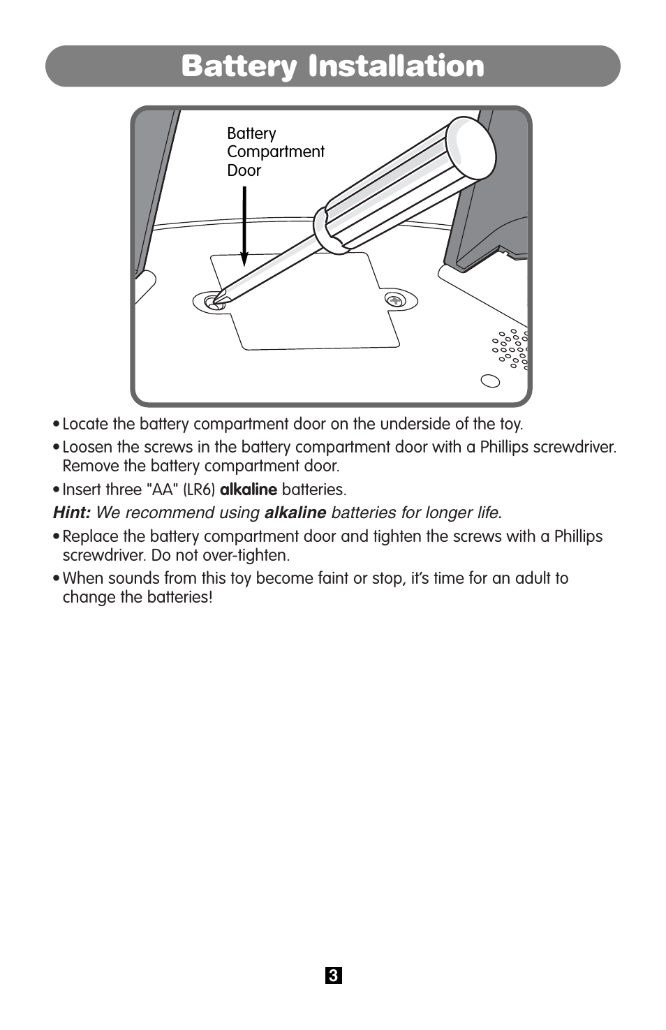 Battery installation | Fisher-Price B9001 User Manual | Page 3 / 6