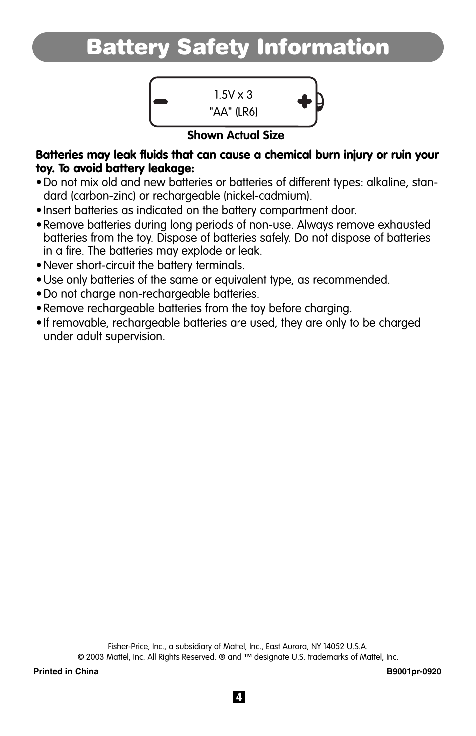 Battery safety information | Fisher-Price B9001 User Manual | Page 4 / 6