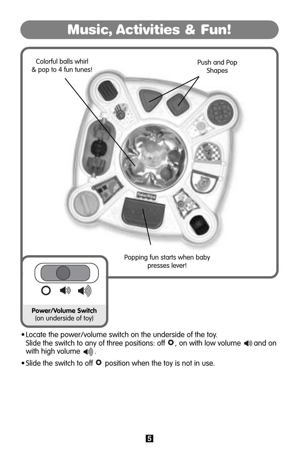 Music, activities & fun | Fisher-Price B9001 User Manual | Page 5 / 6