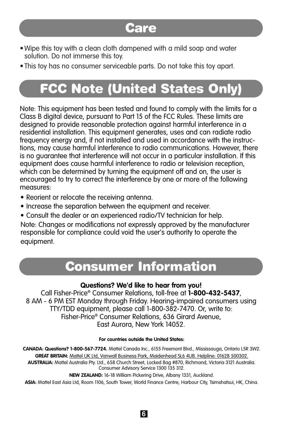 Care, Consumer information | Fisher-Price B9001 User Manual | Page 6 / 6