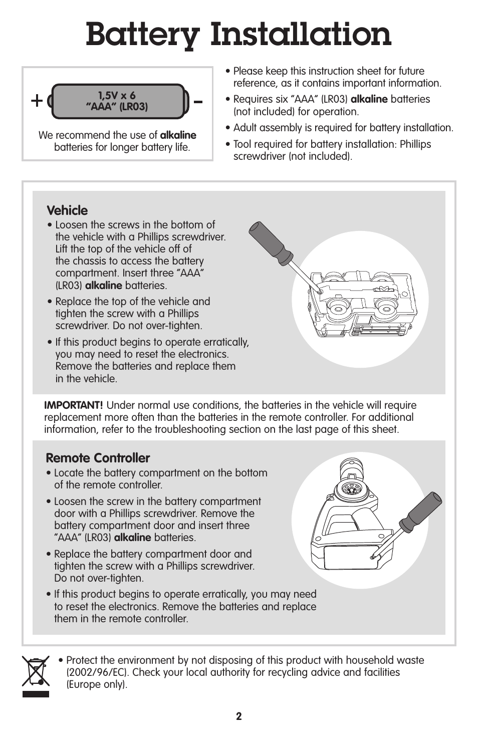 Battery installation | Fisher-Price GEOTRAX T7159 User Manual | Page 2 / 6