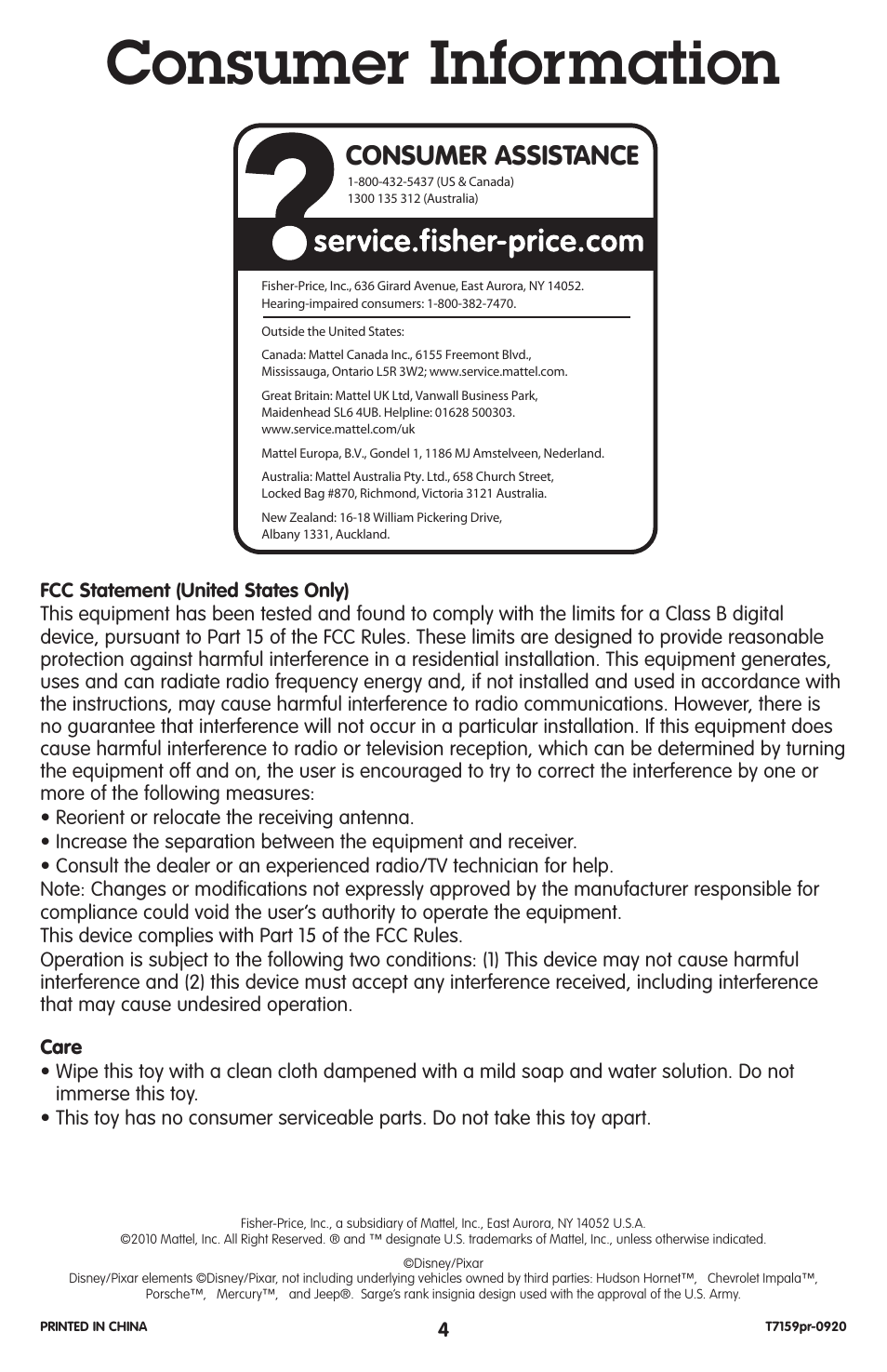 Consumer information, Consumer assistance | Fisher-Price GEOTRAX T7159 User Manual | Page 4 / 6