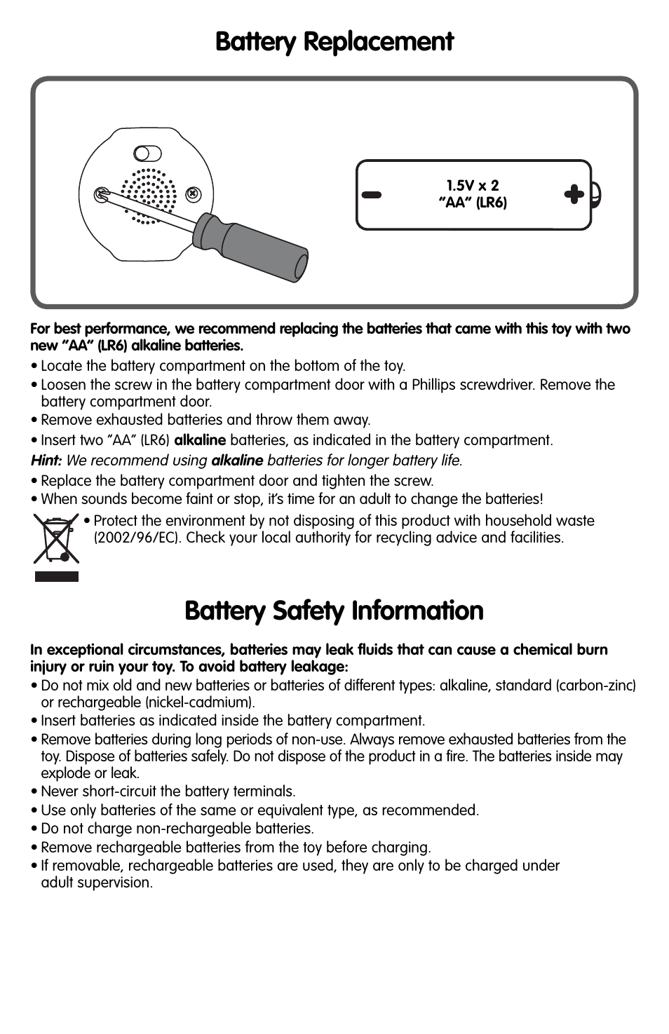 Battery replacement, Battery safety information | Fisher-Price LET'S GO BOWLING M1446 User Manual | Page 2 / 4