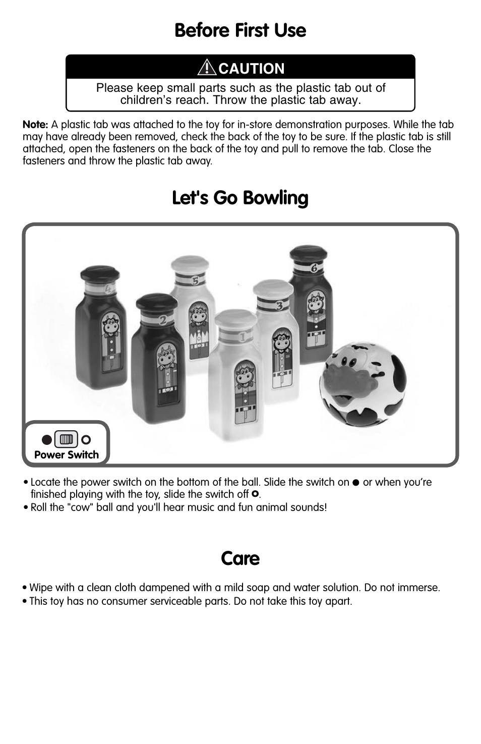 Let's go bowling, Before first use, Care | Fisher-Price LET'S GO BOWLING M1446 User Manual | Page 3 / 4