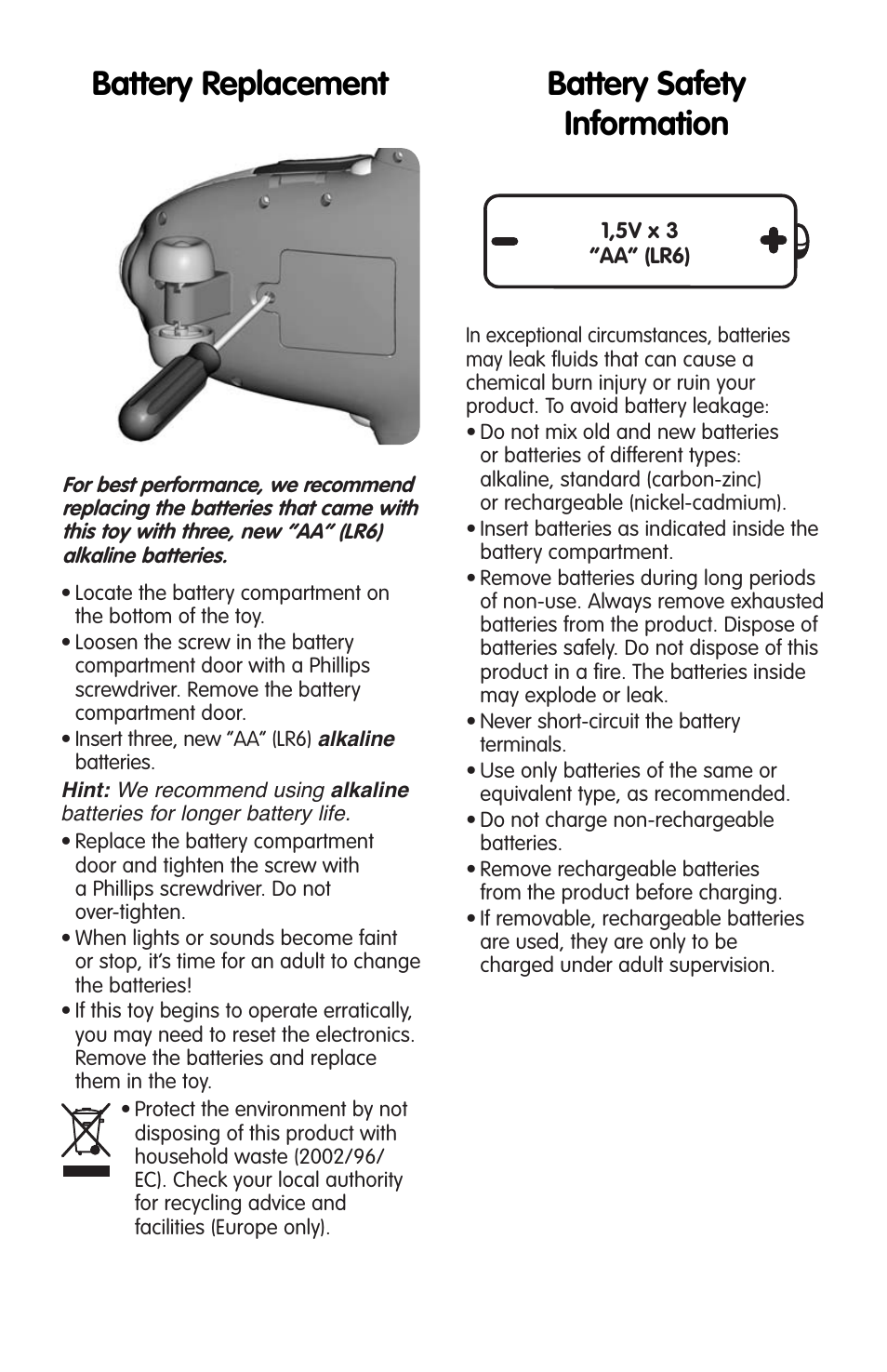 Battery replacement battery safety information | Fisher-Price J0001 User Manual | Page 2 / 4