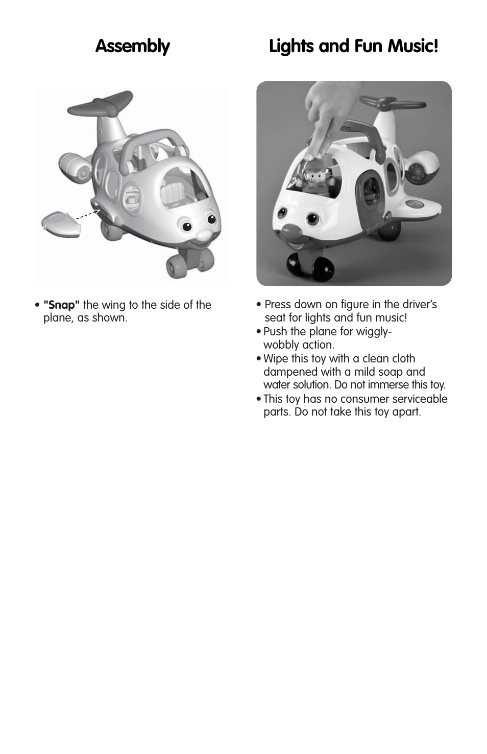 Assembly, Lights and fun music | Fisher-Price J0001 User Manual | Page 3 / 4