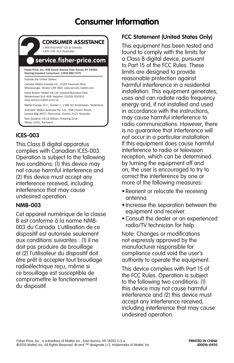 Consumer information | Fisher-Price J0001 User Manual | Page 4 / 4
