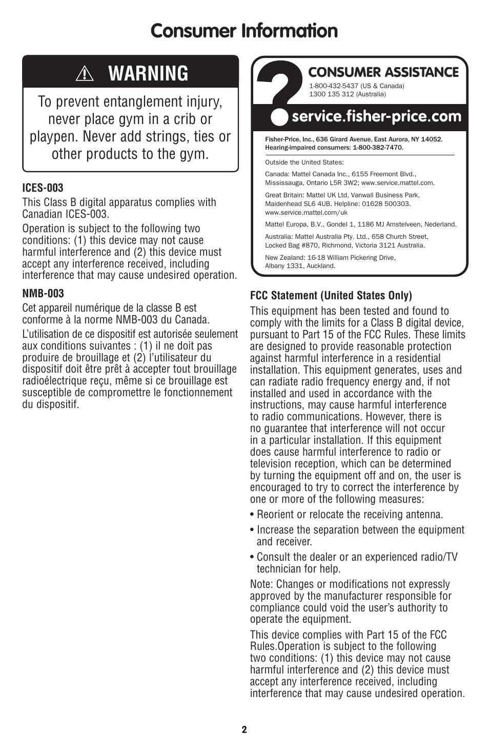 Consumer information, Warning, Consumer assistance | Fisher-Price T6339 User Manual | Page 2 / 6