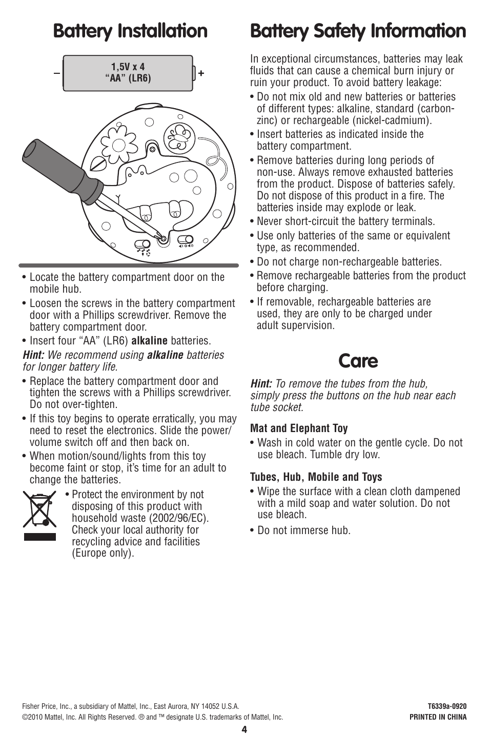 Care, Battery safety information battery installation | Fisher-Price T6339 User Manual | Page 4 / 6