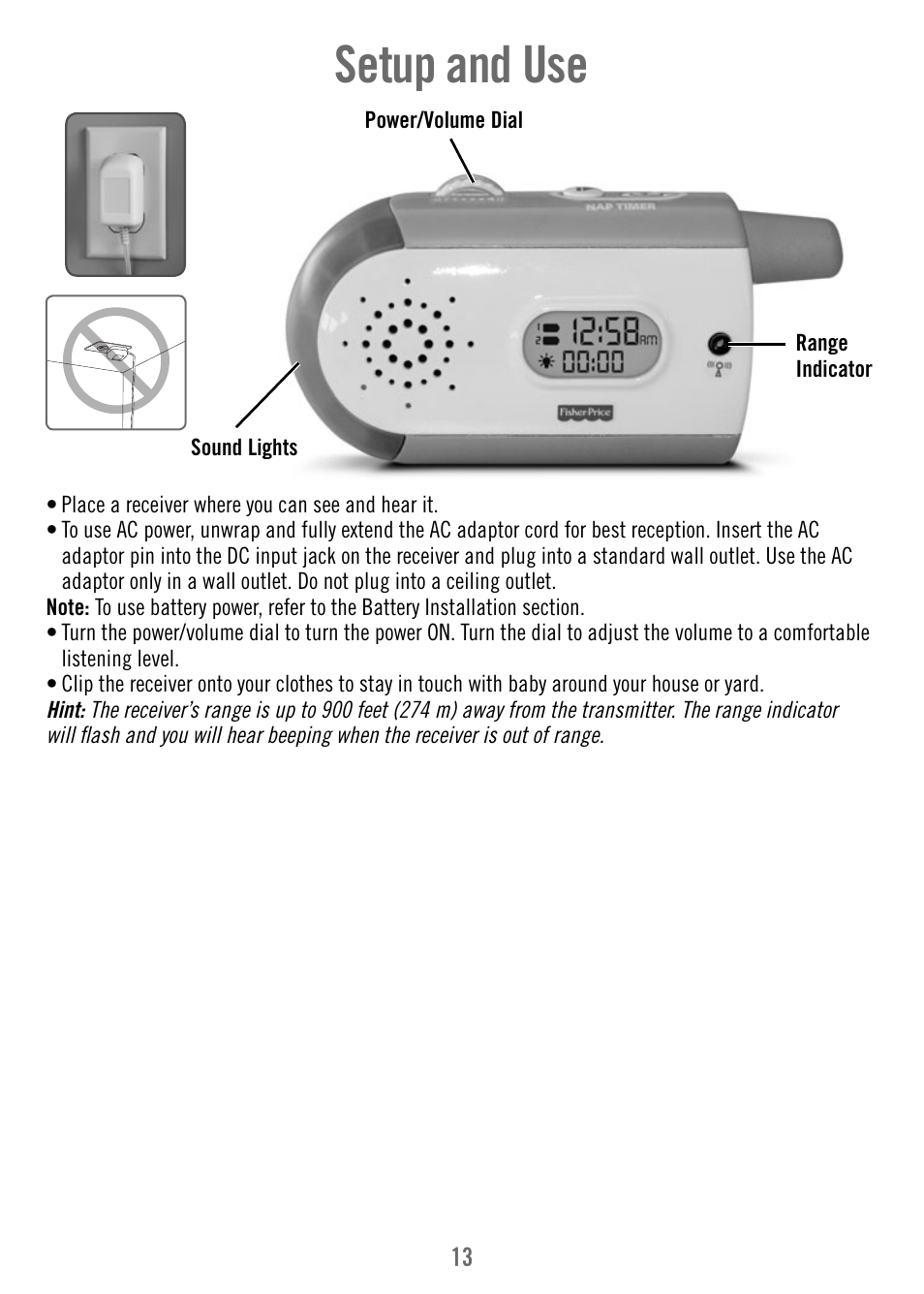 Setup and use | Fisher-Price T4840 User Manual | Page 13 / 16