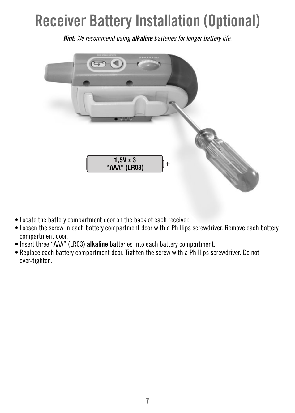Receiver battery installation (optional) | Fisher-Price T4840 User Manual | Page 7 / 16