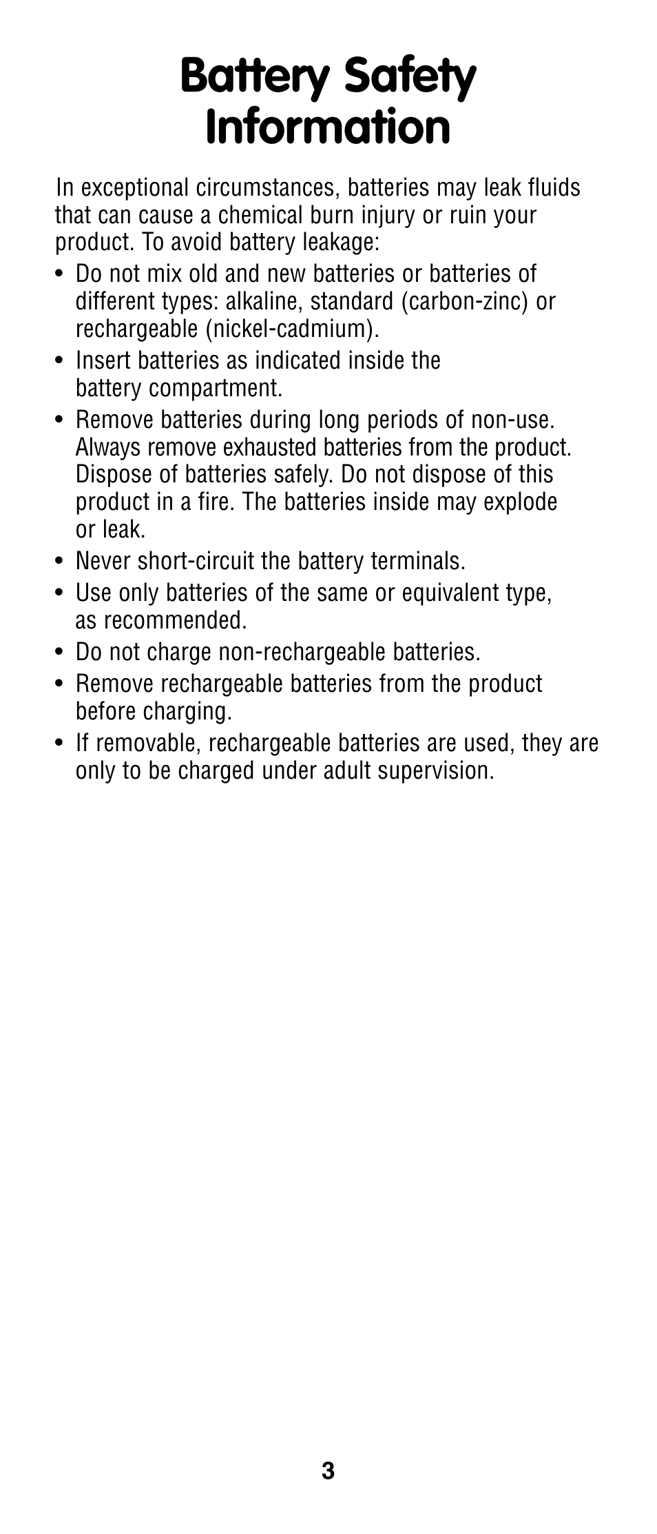 Battery safety information | Fisher-Price N2541 User Manual | Page 3 / 6