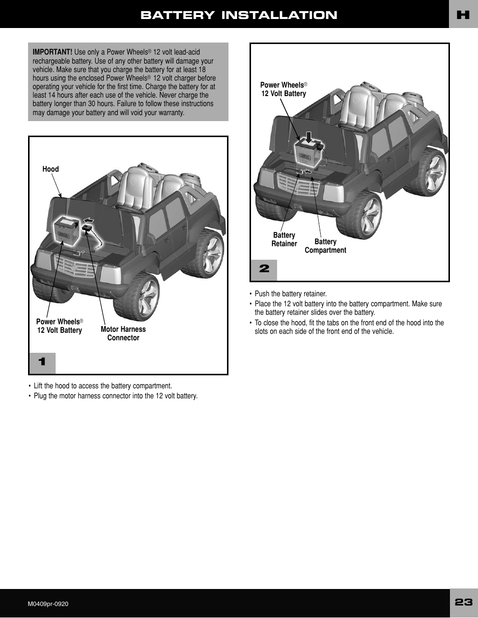 Battery installation | Fisher-Price ESCALADE M0409 User Manual | Page 23 / 36