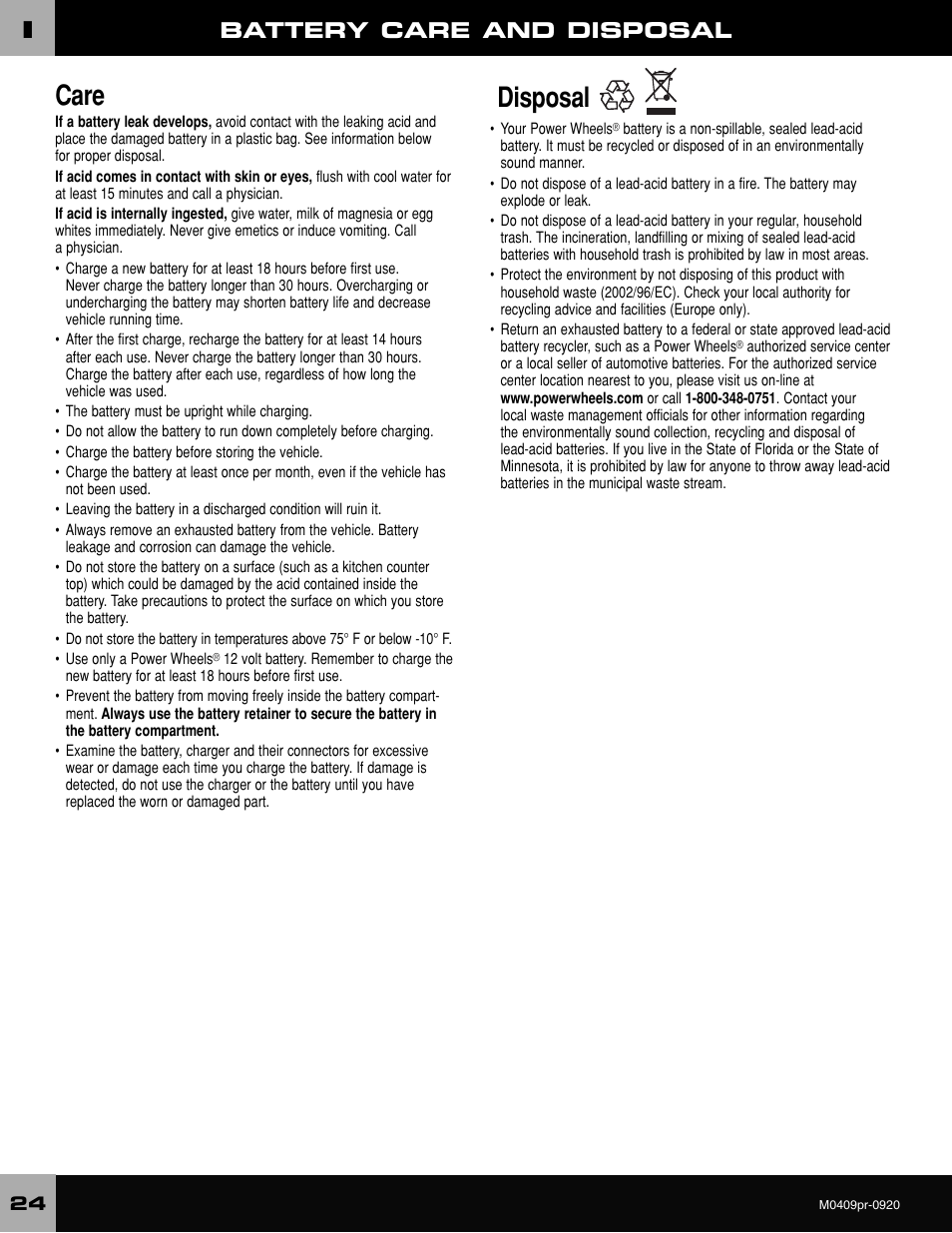 Care, Disposal, Battery care and disposal | Fisher-Price ESCALADE M0409 User Manual | Page 24 / 36