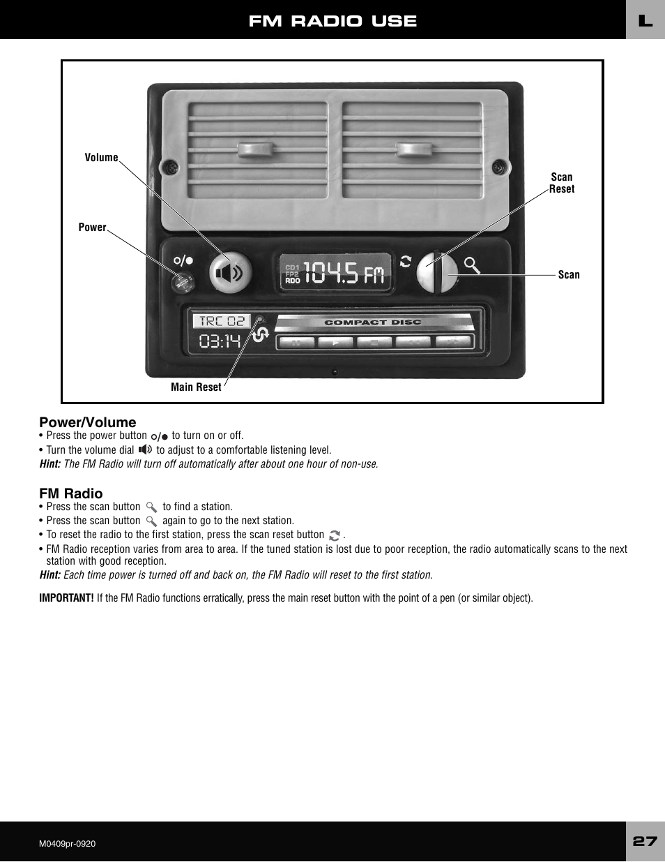 Fm radio use, Power/volume, Fm radio | Fisher-Price ESCALADE M0409 User Manual | Page 27 / 36