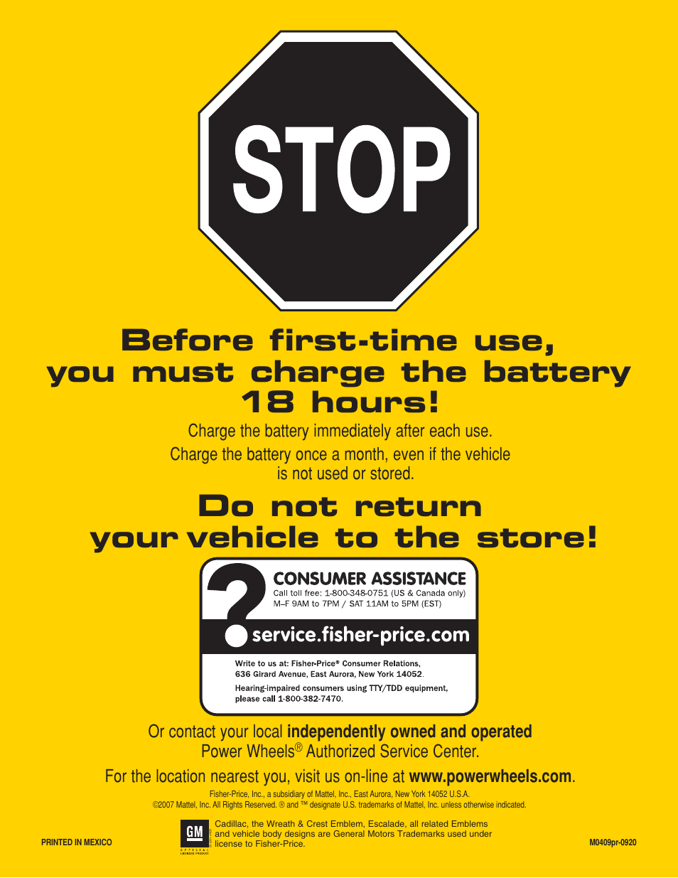 Do not return your vehicle to the store | Fisher-Price ESCALADE M0409 User Manual | Page 36 / 36