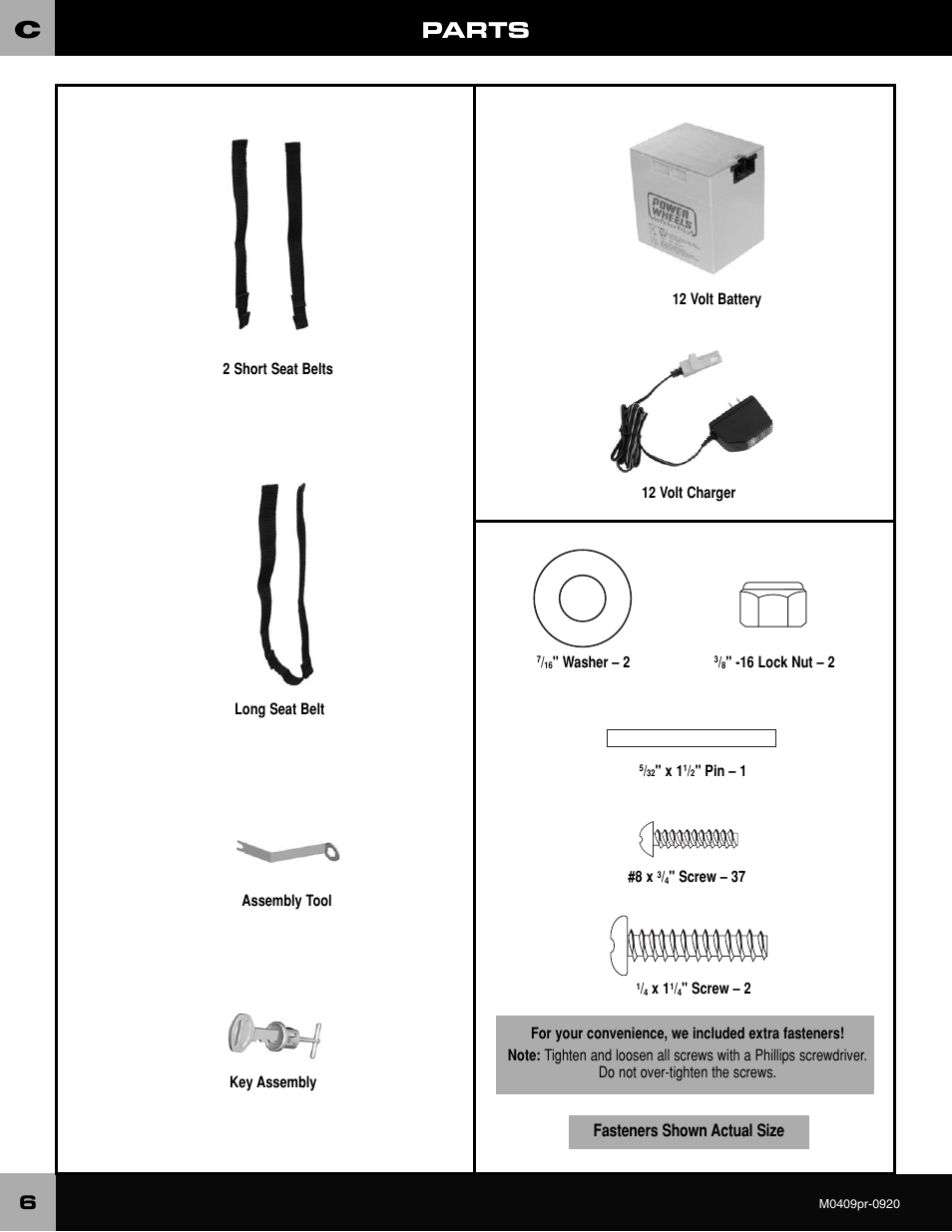Parts, Fasteners shown actual size | Fisher-Price ESCALADE M0409 User Manual | Page 6 / 36