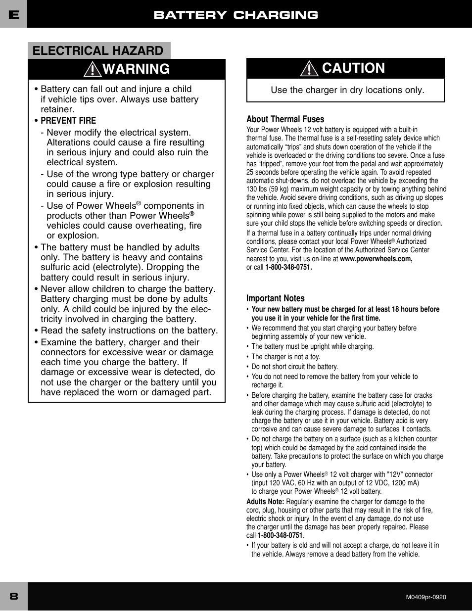 Warning caution, Electrical hazard, Battery charging | Fisher-Price ESCALADE M0409 User Manual | Page 8 / 36