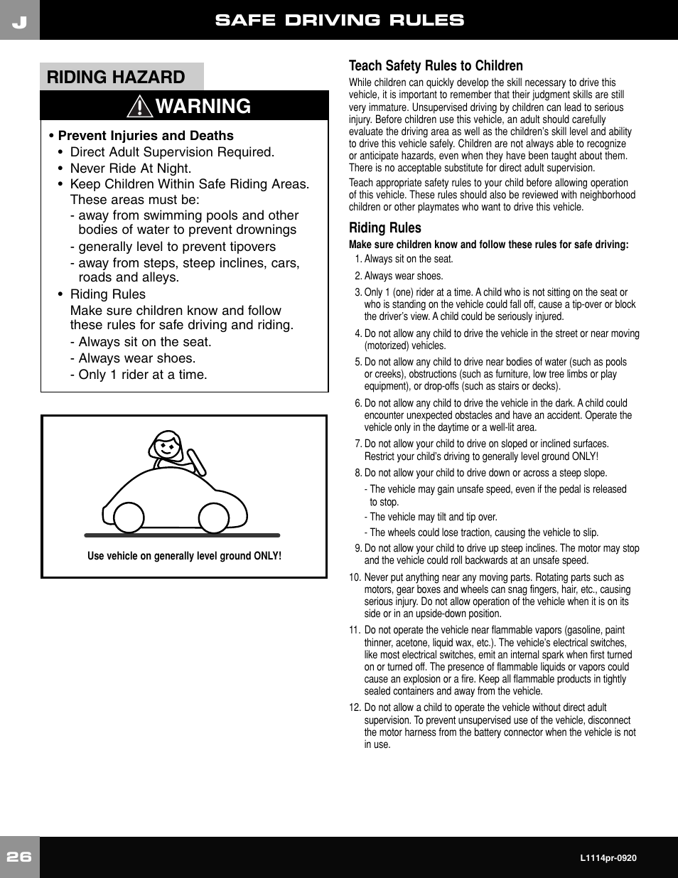 Warning, Riding hazard, Safe driving rules | Teach safety rules to children, Riding rules | Fisher-Price NEW BEETLE L1114 User Manual | Page 26 / 32