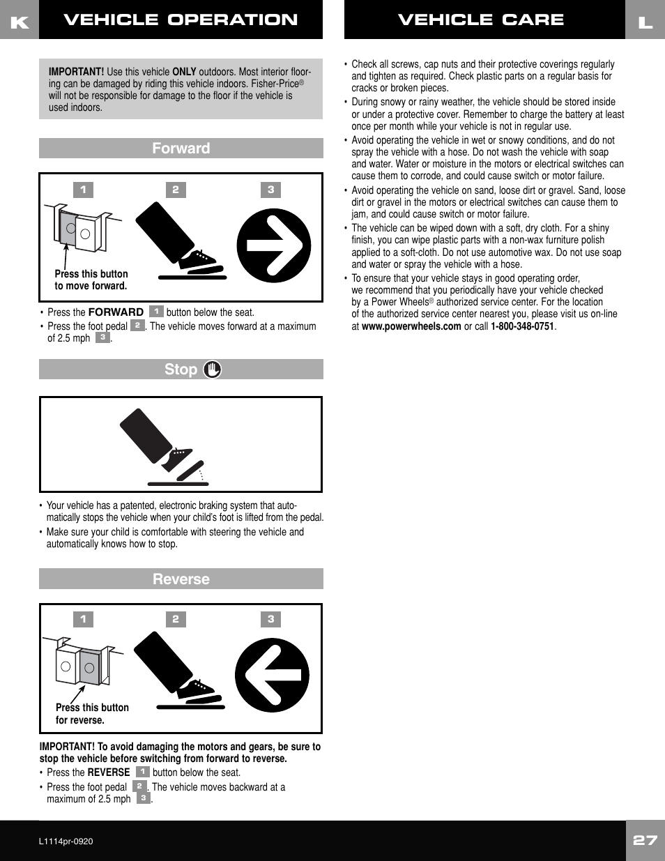Vehicle operation, Forward, Vehicle care | Stop reverse | Fisher-Price NEW BEETLE L1114 User Manual | Page 27 / 32