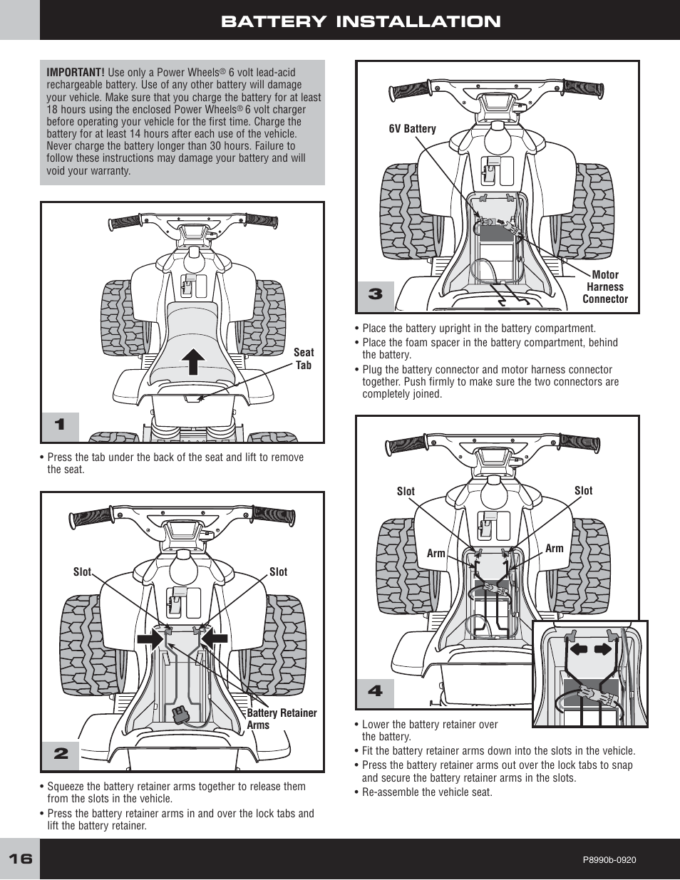 Battery installation | Fisher-Price P8990 User Manual | Page 16 / 24