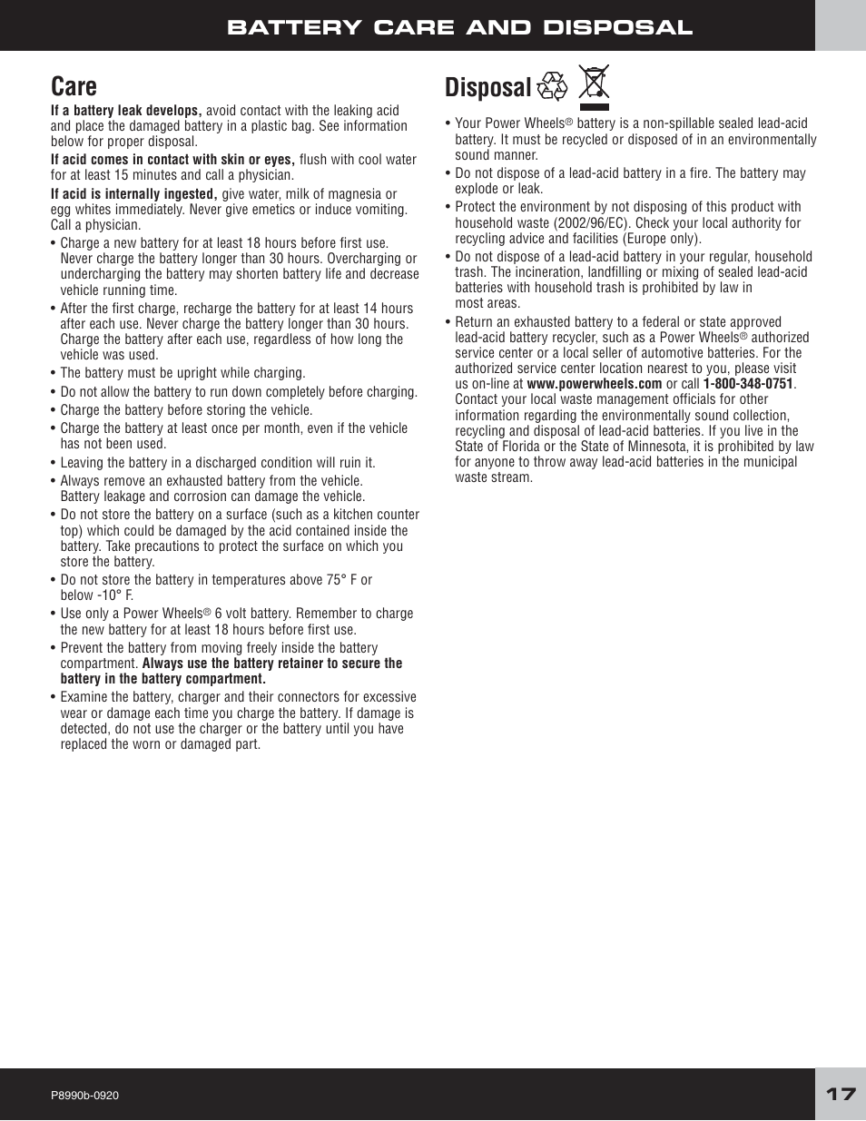 Care, Disposal, Battery care and disposal | Fisher-Price P8990 User Manual | Page 17 / 24
