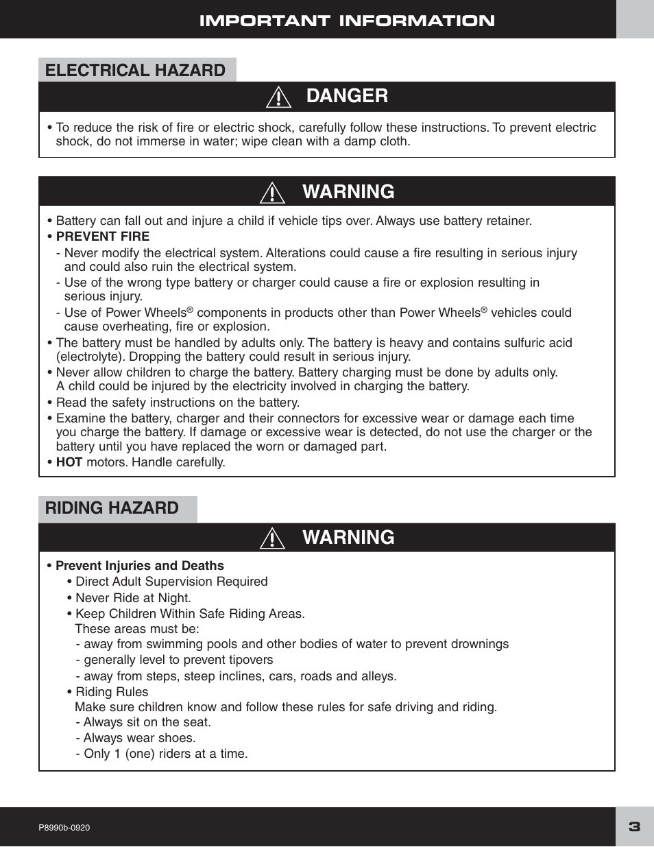 Warning, Danger warning, Electrical hazard | Riding hazard | Fisher-Price P8990 User Manual | Page 3 / 24