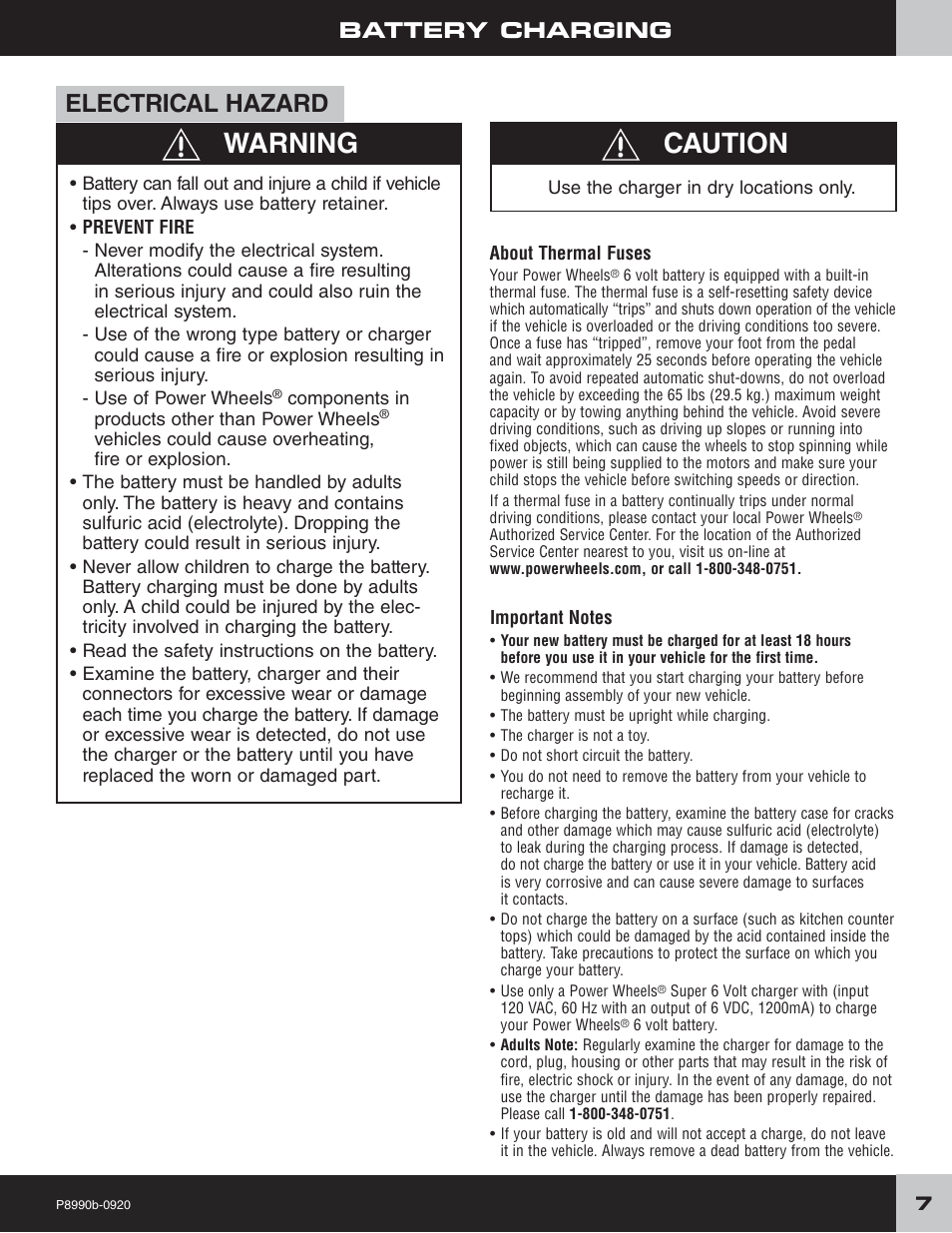 Warning, Caution, Electrical hazard | Battery charging | Fisher-Price P8990 User Manual | Page 7 / 24
