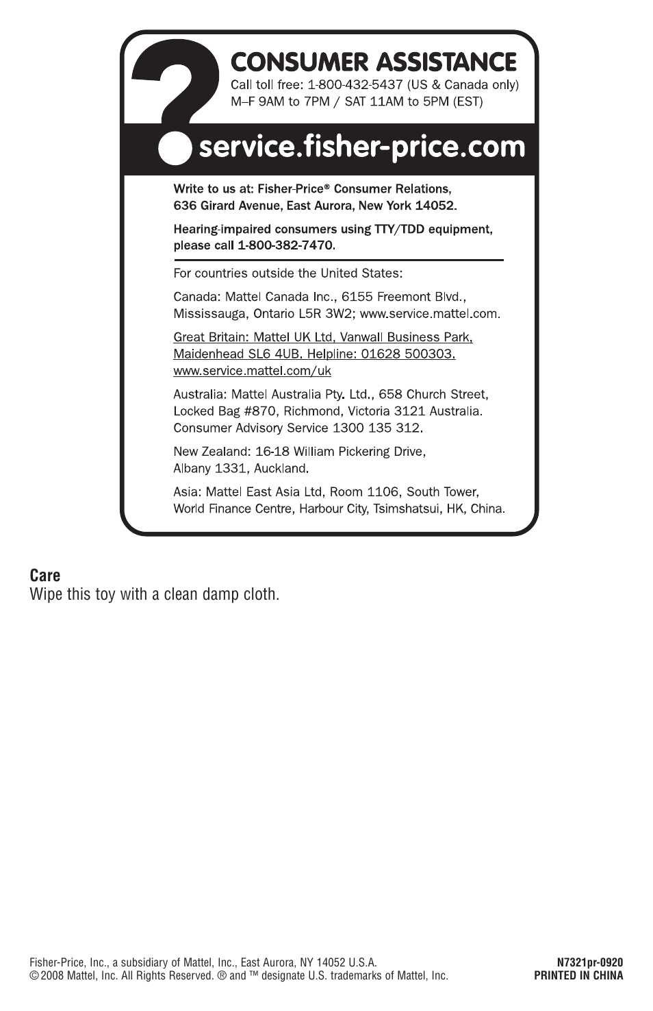 Care wipe this toy with a clean damp cloth | Fisher-Price N7321 User Manual | Page 4 / 4