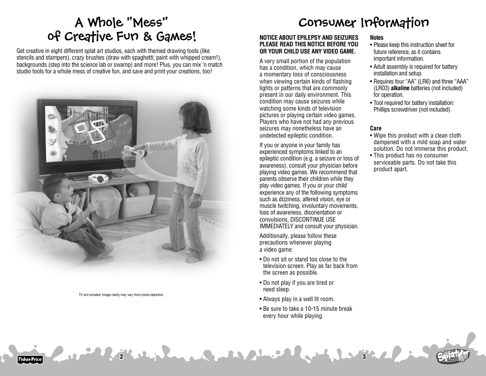 A whole "mess" of creative fun & games, Consumer information | Fisher-Price P6843 User Manual | Page 2 / 10