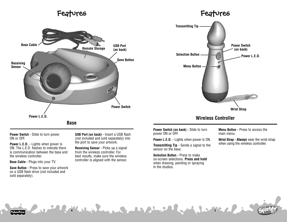 Features, Base, Wireless controller | Fisher-Price P6843 User Manual | Page 3 / 10