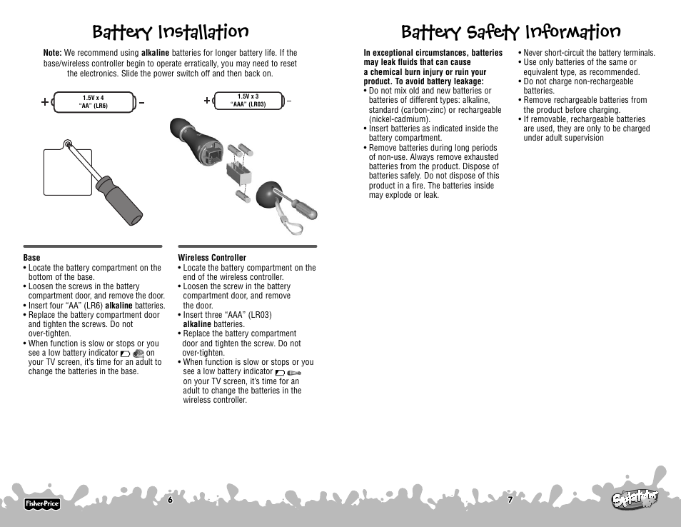 Battery installation, Battery safety information | Fisher-Price P6843 User Manual | Page 4 / 10