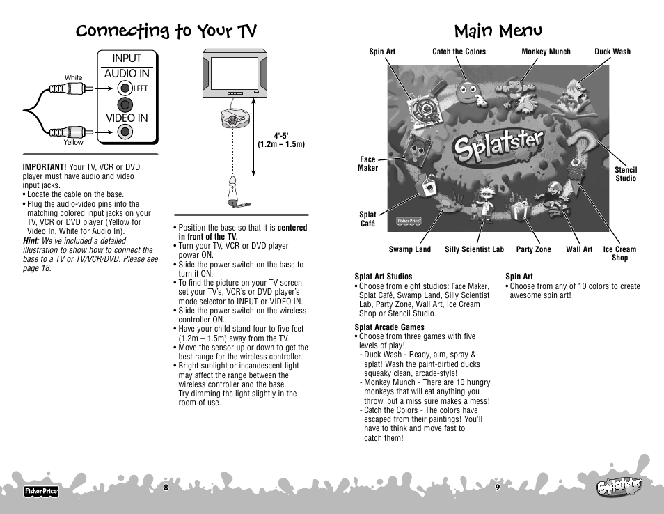 Connecting to your tv, Main menu, Input audio in | Video in | Fisher-Price P6843 User Manual | Page 5 / 10