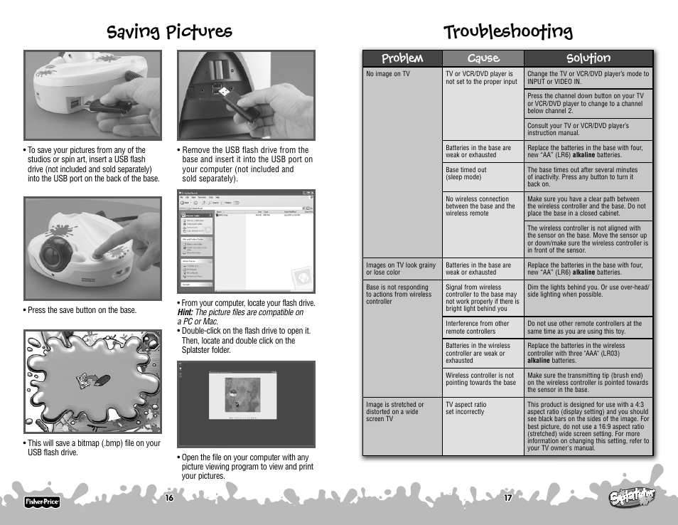 Saving pictures, Troubleshooting, Problem cause solution | Fisher-Price P6843 User Manual | Page 9 / 10