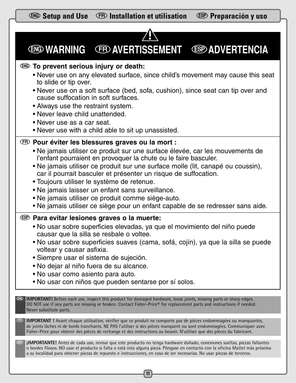 Ewarning favertissement sadvertencia | Fisher-Price B8786 User Manual | Page 11 / 16
