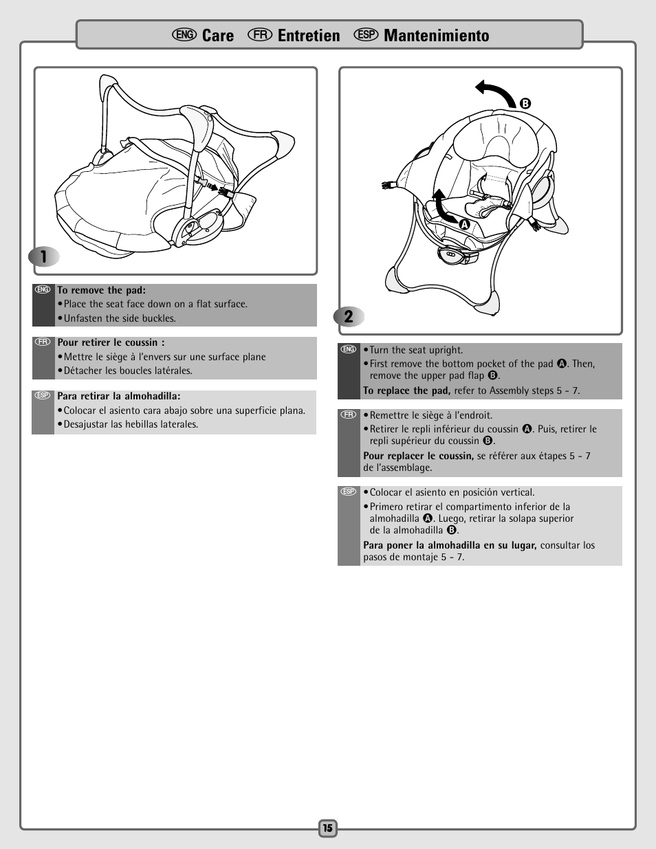 E care f entretien s mantenimiento | Fisher-Price B8786 User Manual | Page 15 / 16