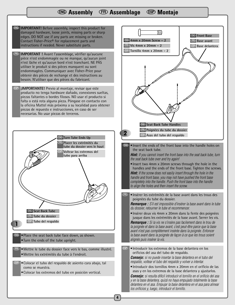 E assembly f assemblage s montaje | Fisher-Price B8786 User Manual | Page 4 / 16