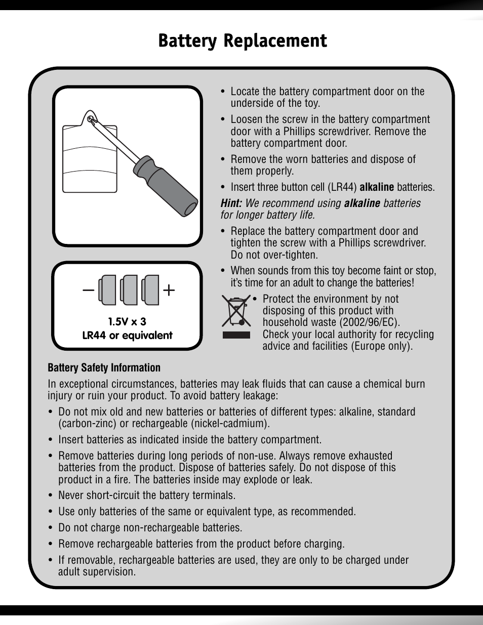 Battery replacement | Fisher-Price DINOSAURS M0267 User Manual | Page 2 / 4