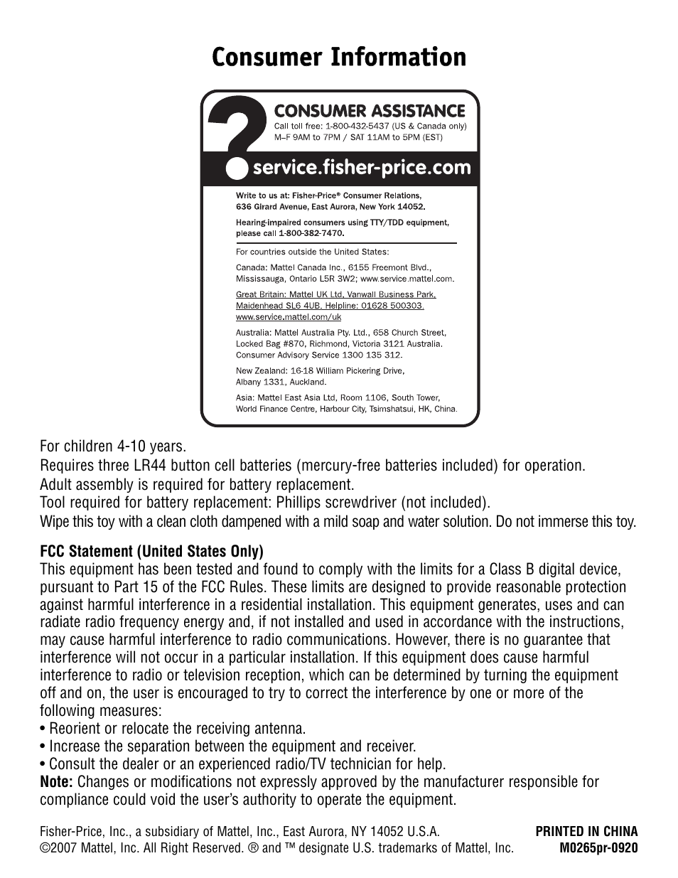 Consumer information | Fisher-Price DINOSAURS M0267 User Manual | Page 4 / 4