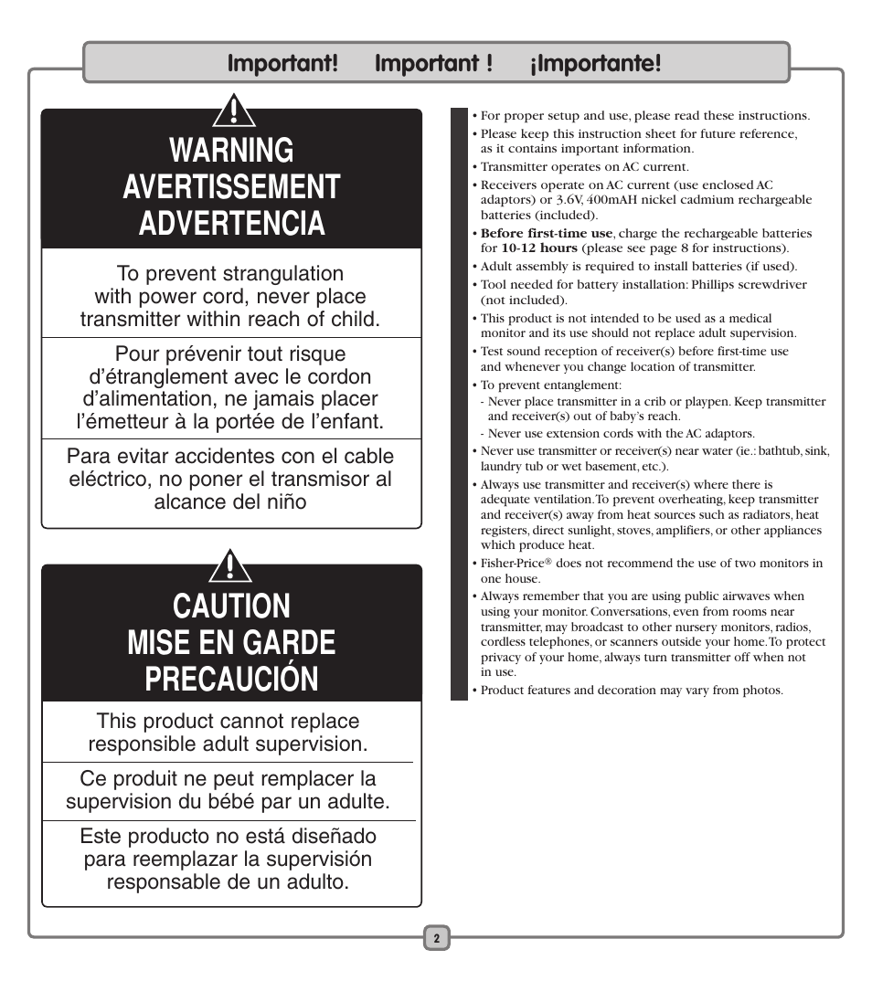 Important! important ! ¡importante | Fisher-Price J2457 User Manual | Page 2 / 20