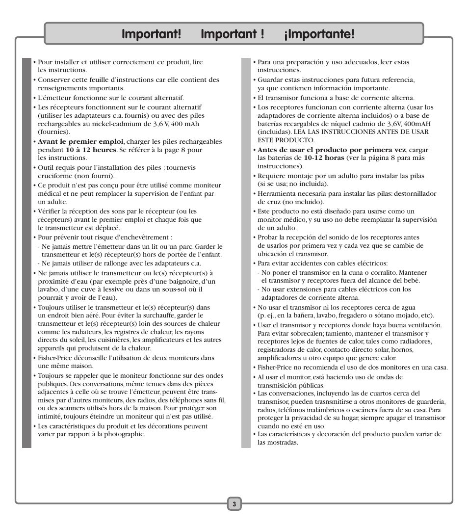 Important! important ! ¡importante | Fisher-Price J2457 User Manual | Page 3 / 20