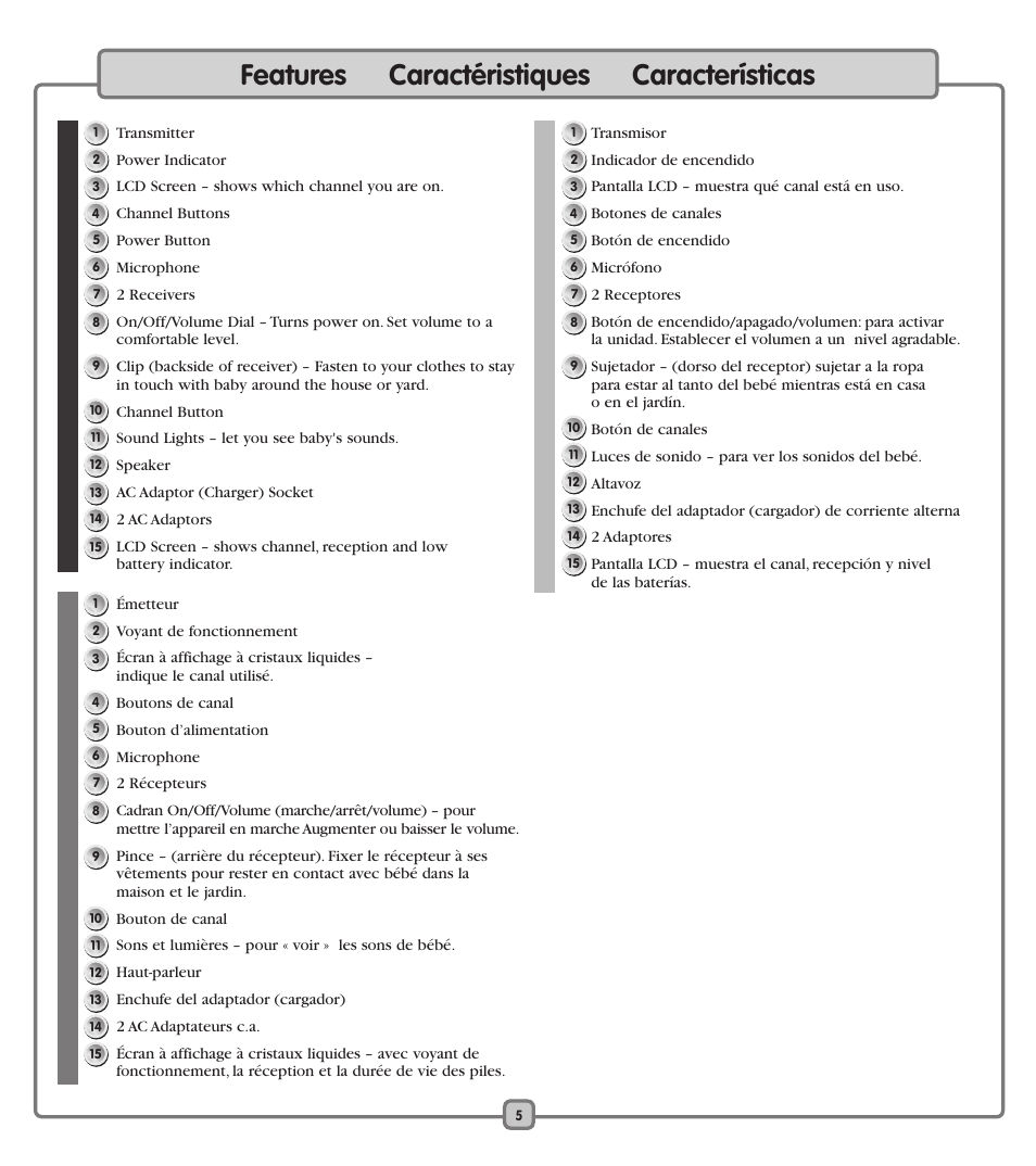 Features caractéristiques características | Fisher-Price J2457 User Manual | Page 5 / 20