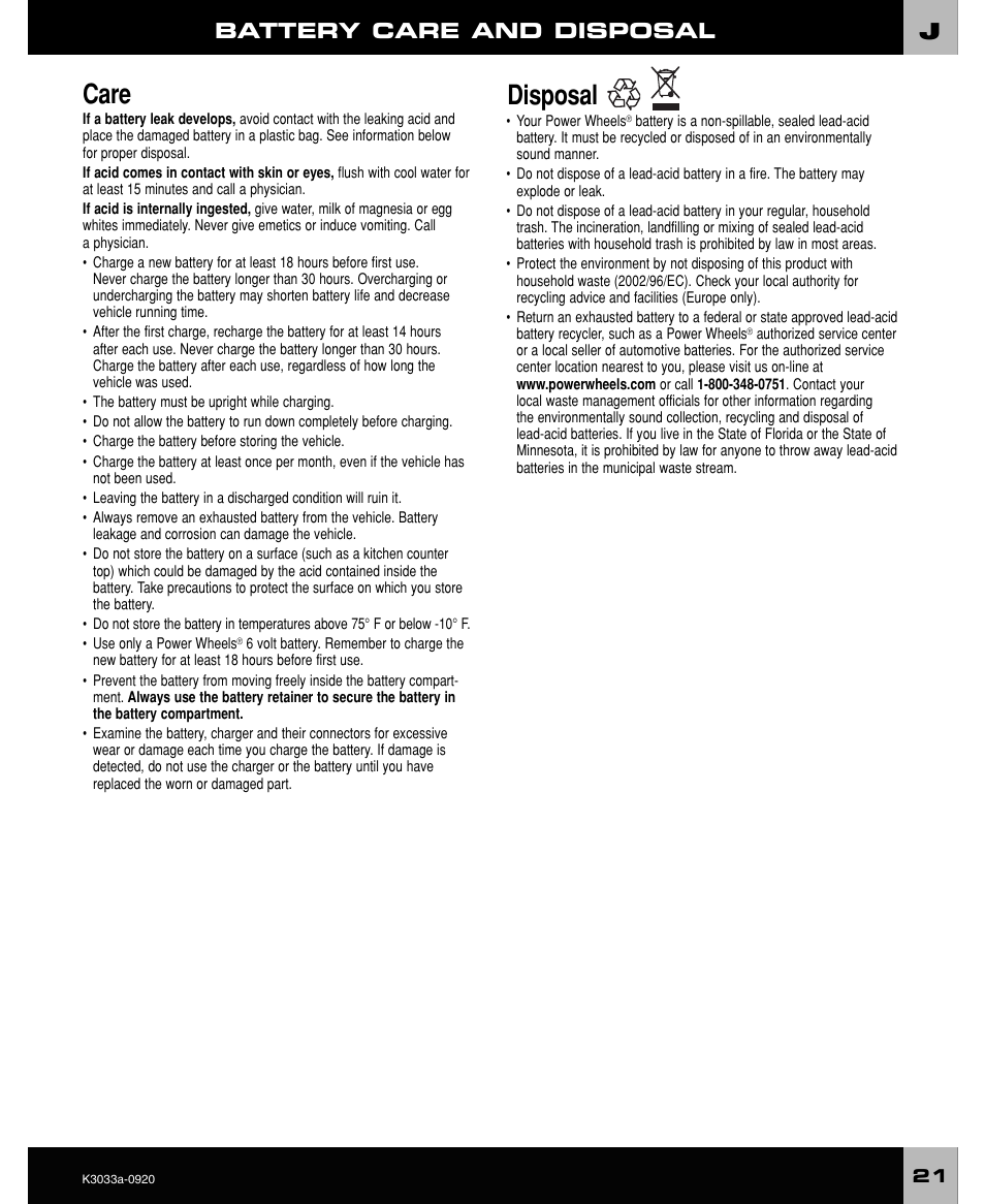 Care, Disposal, Battery care and disposal | FORD CRAFTSMAN F-150 User Manual | Page 21 / 28