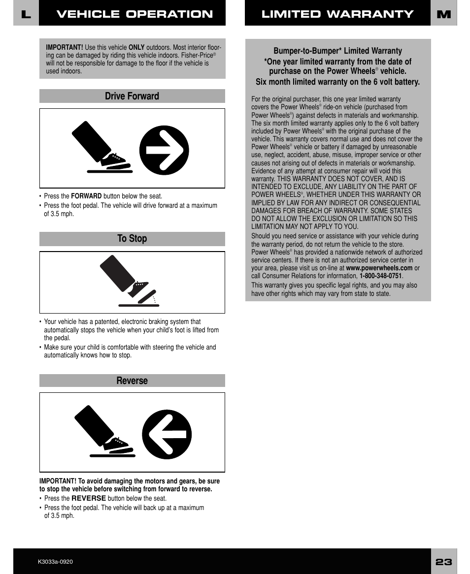 Vehicle operation, Drive forward to stop, Reverse limited warranty | FORD CRAFTSMAN F-150 User Manual | Page 23 / 28