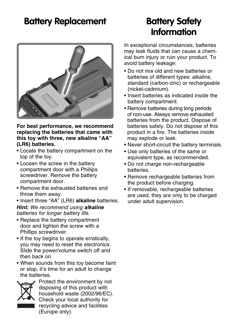 Battery replacement, Battery safety information | Fisher-Price N9231 User Manual | Page 2 / 4