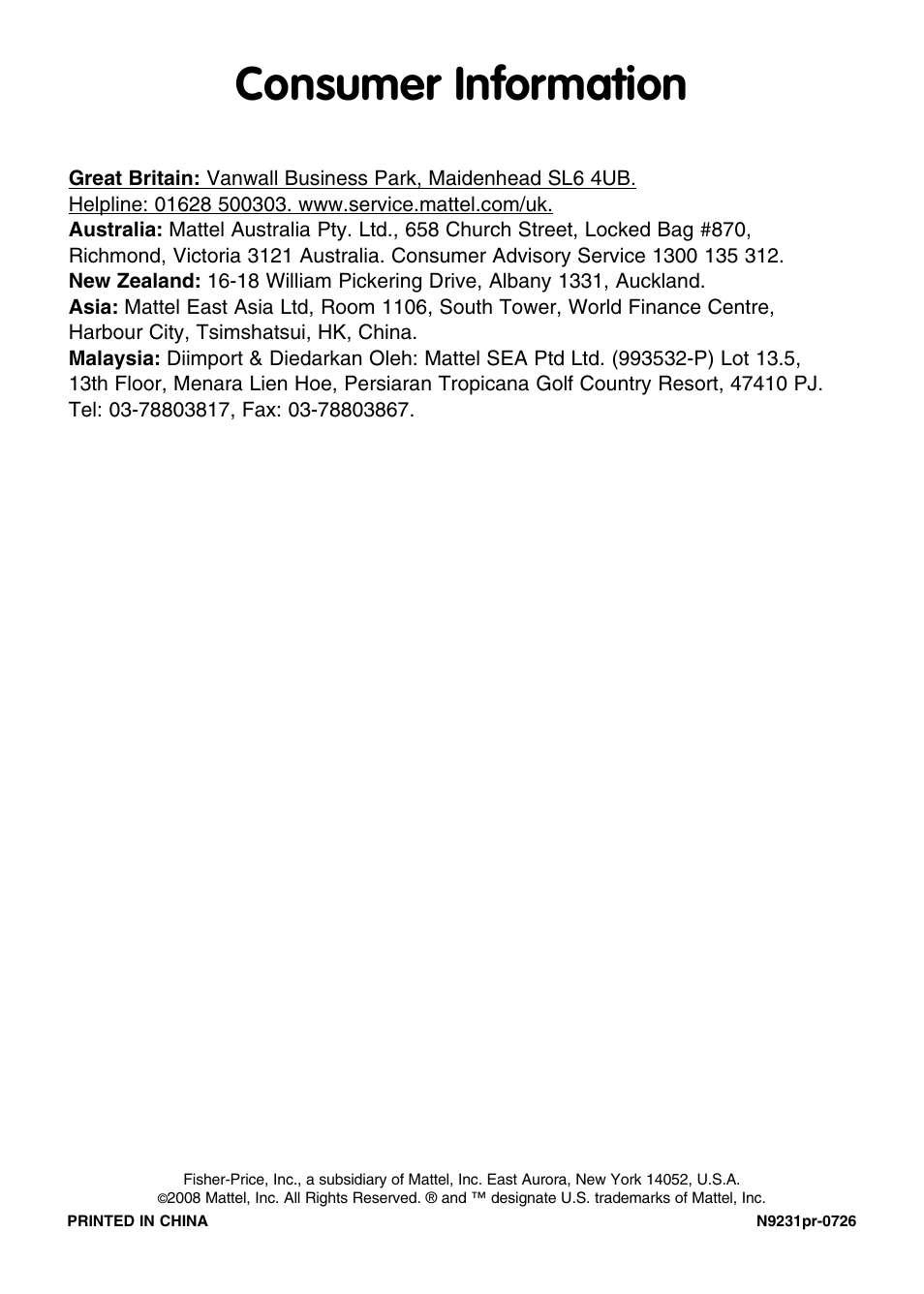 Consumer information | Fisher-Price N9231 User Manual | Page 4 / 4