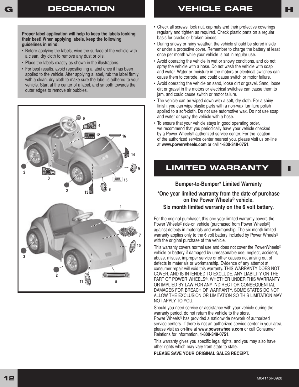Vehicle care, Decoration, Limited warranty | Fisher-Price M0411 User Manual | Page 12 / 20
