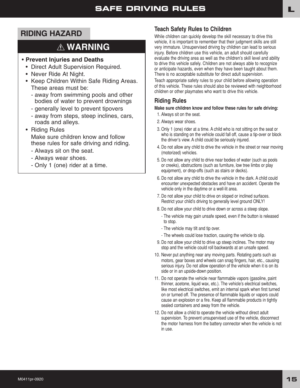 Warning, Riding hazard, Safe driving rules | Fisher-Price M0411 User Manual | Page 15 / 20